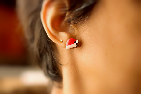 Santa Hat - Hand Painted Wooden Stud Earrings Naoi
